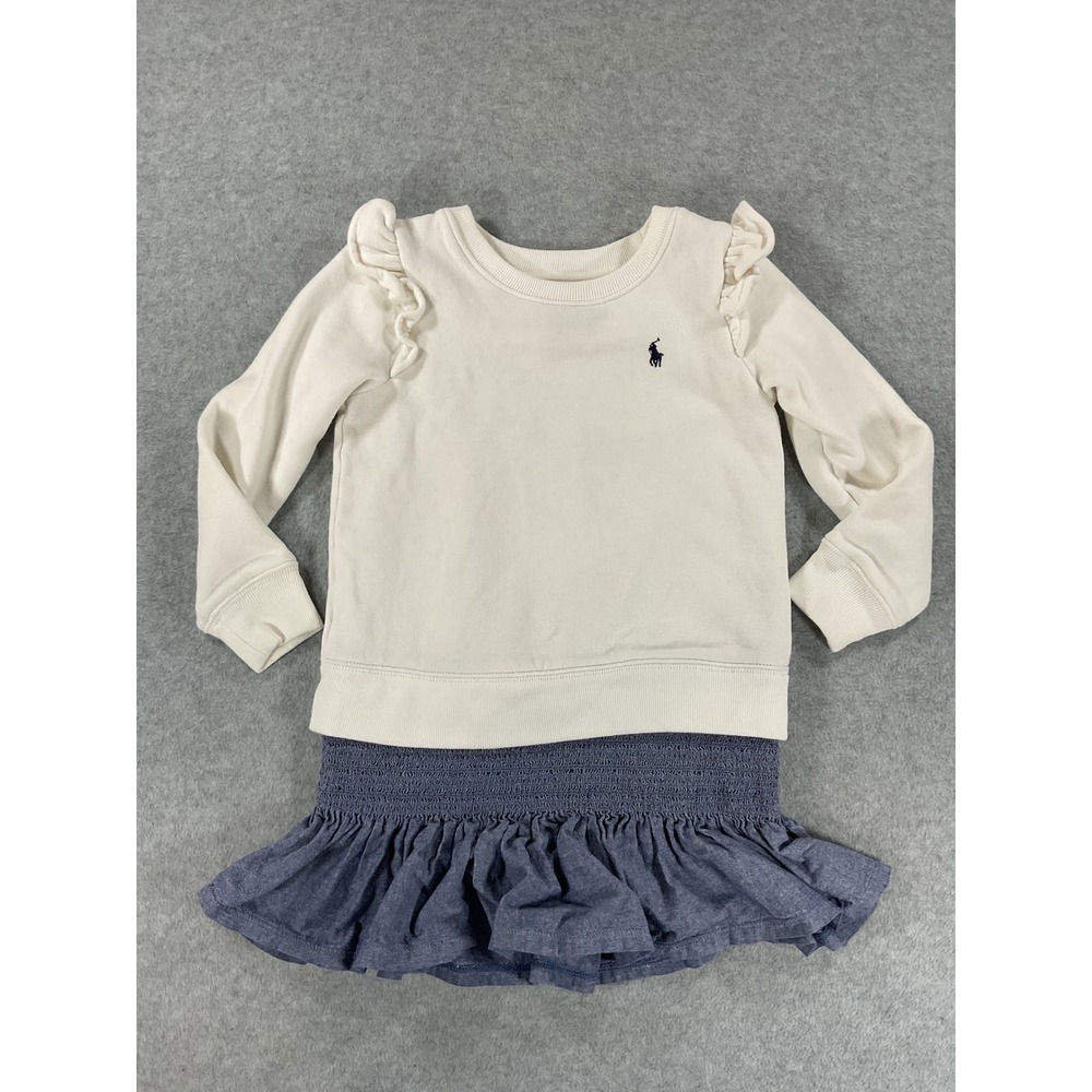 Polo Ralph Lauren Girls Cream Ruffle Sweatshirt Dress Chambray Skirt Size 5 2730